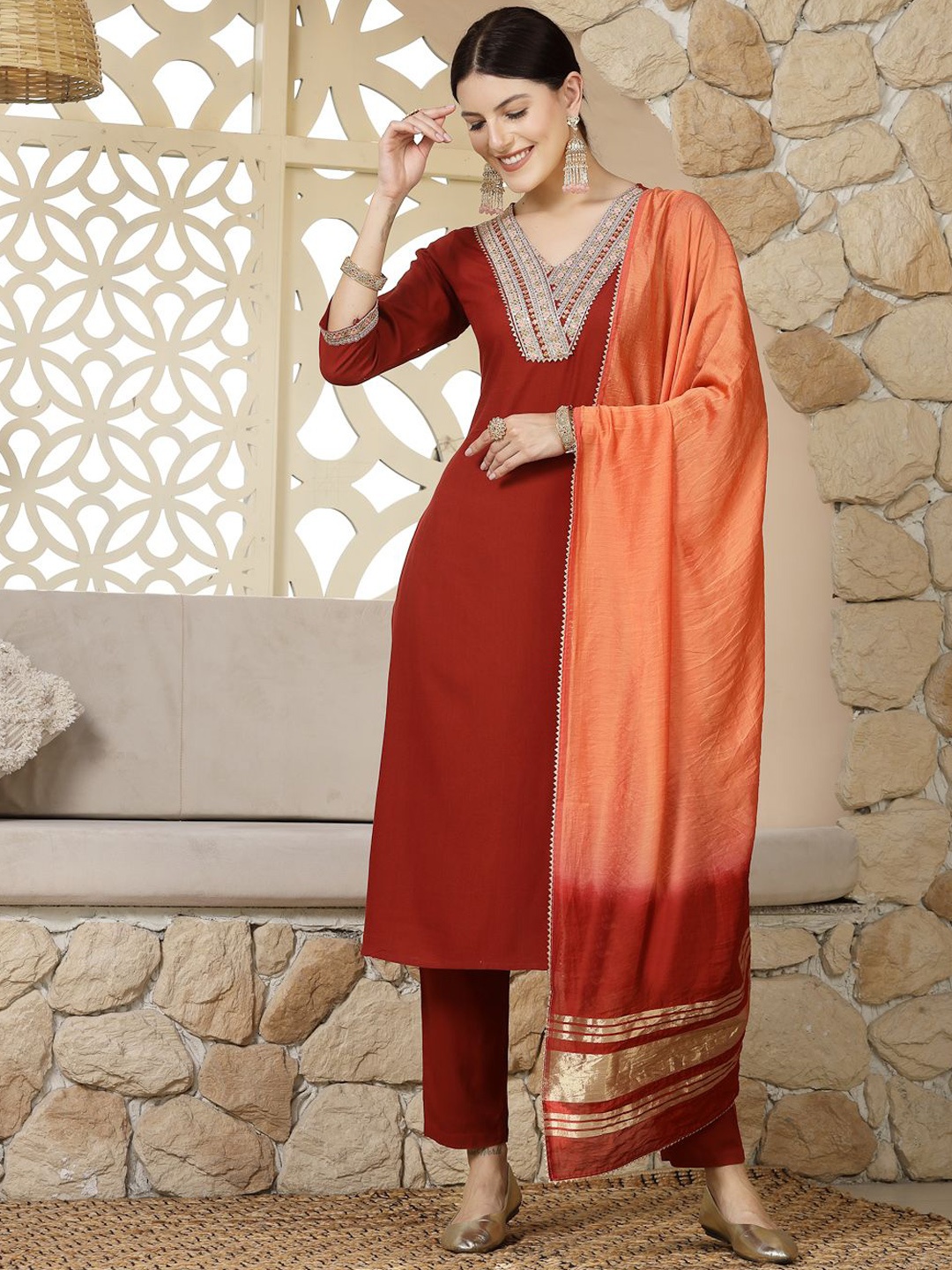 

Stylum Rust Brown Floral Yoke Design Thread Work Straight Kurta & Trousers With Dupatta