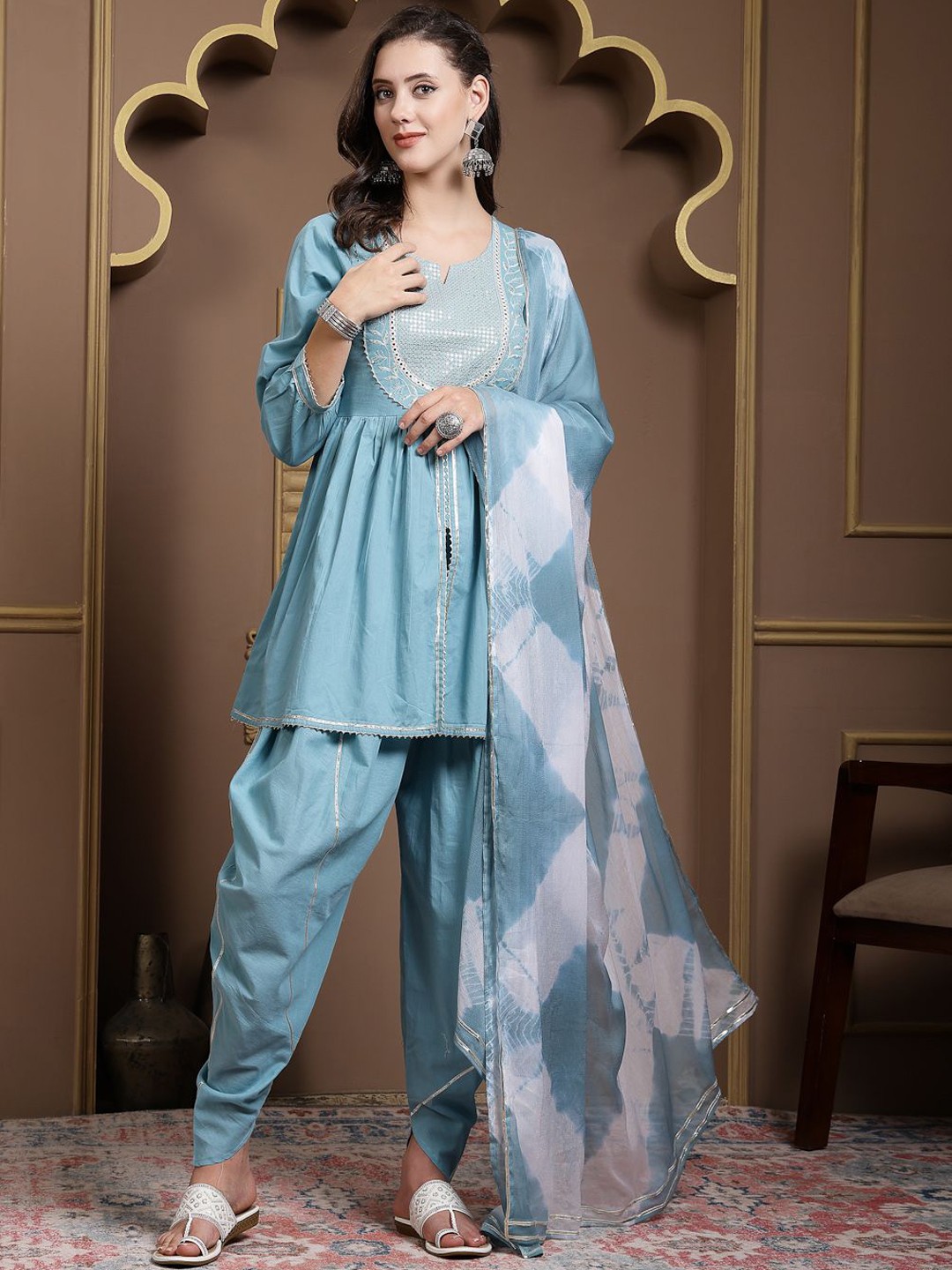 

Stylum Turquoise Blue Yoke Design Pure Cotton A-Line Kurti With Dhoti Pants & Dupatta