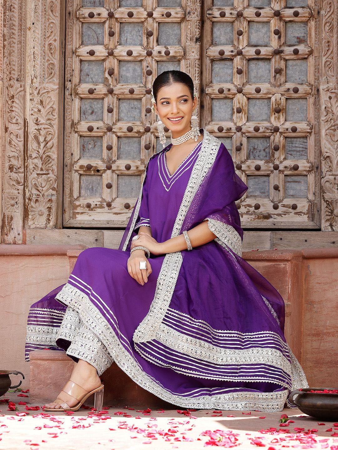 

Stylum Violet Ethnic Motifs Yoke Design Empire Anarkali Kurta & Trousers With Dupatta