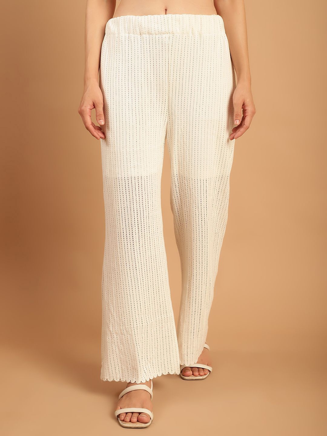 

TAG 7 Women Striped Sheer With Half Lining Crochet Wide Leg Palazzos, White