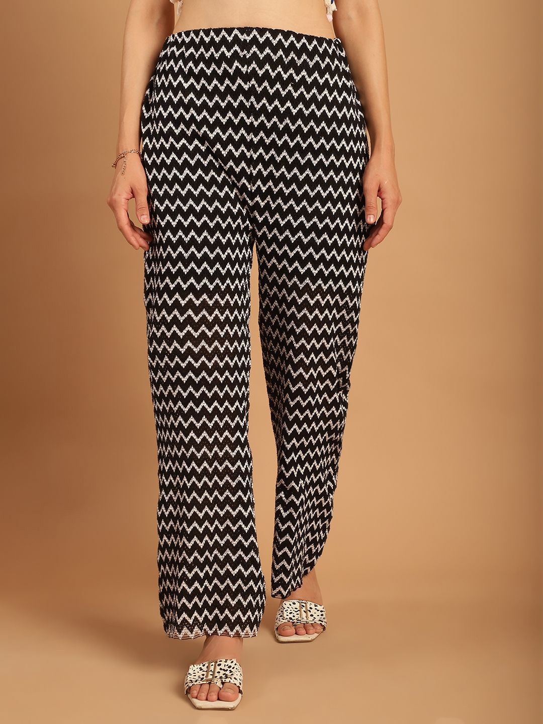

TAG 7 Women Geometric Printed Sheer With Half Lining Crochet Wide Leg Palazzos, Black