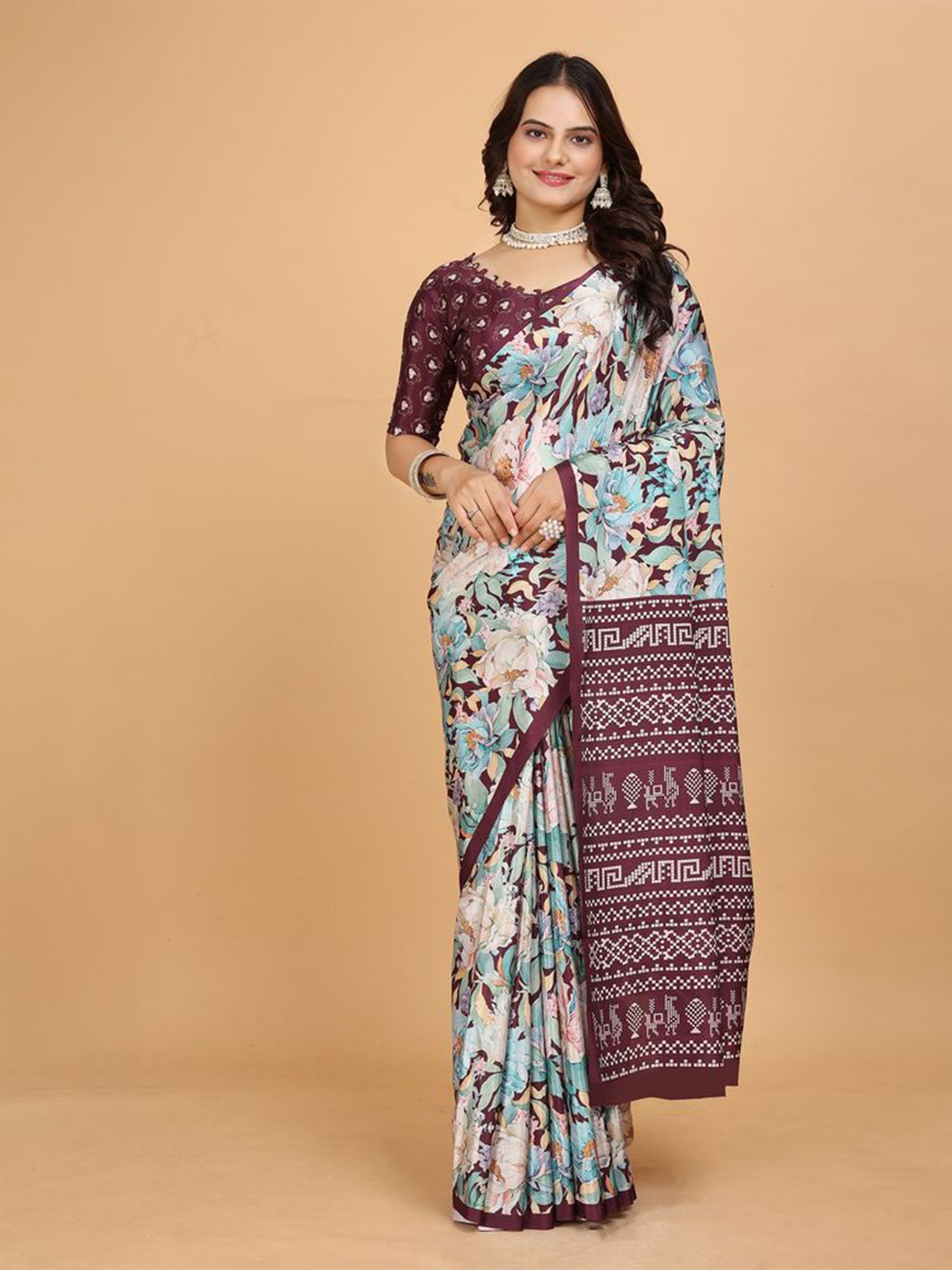 

Fashion FRICKS Floral Pure Crepe Saree, Blue