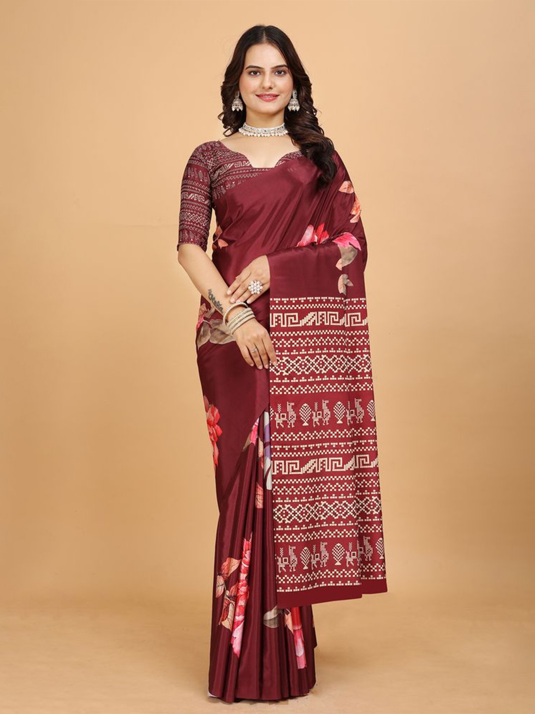 

Fashion FRICKS Floral Saree, Maroon