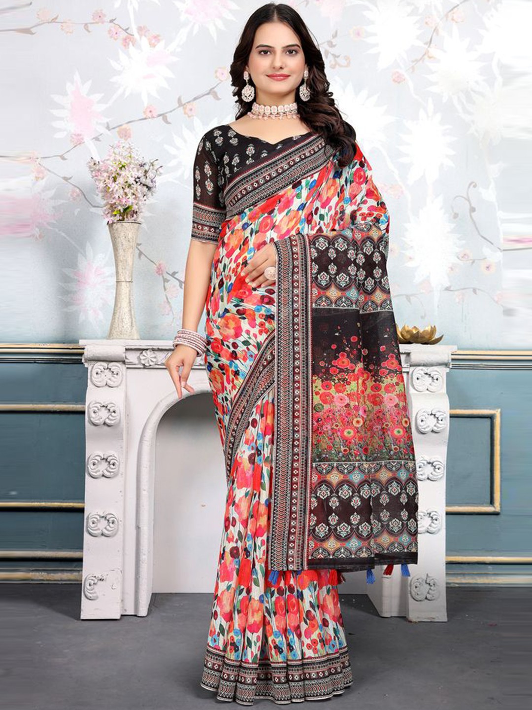 

Fashion FRICKS Floral Saree, Black