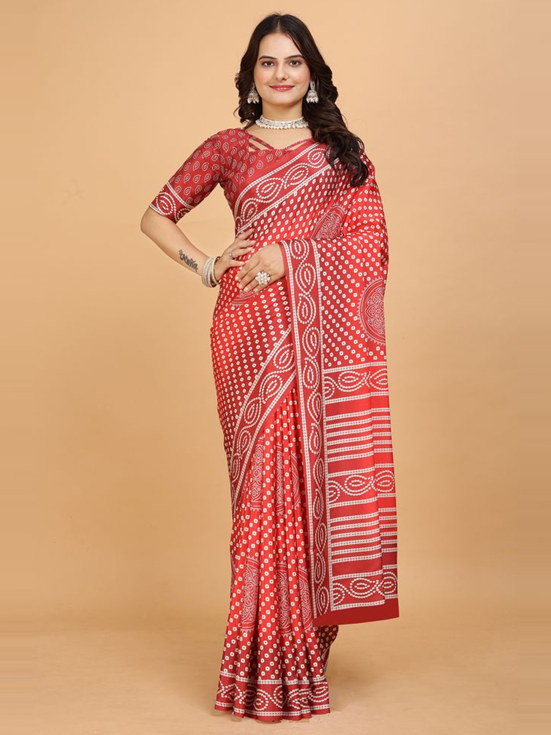 

Fashion FRICKS Polka Dot Printed Saree, Red