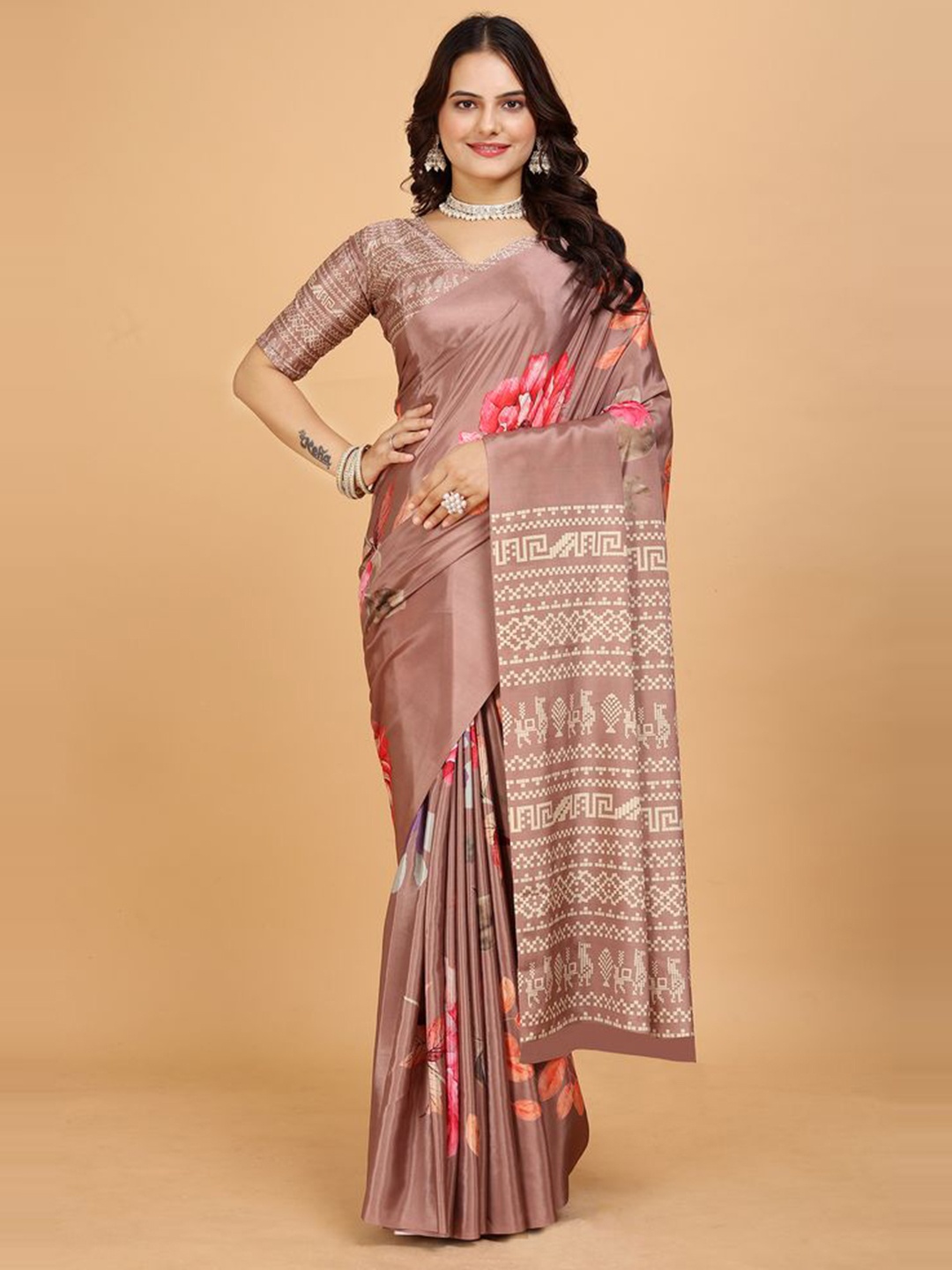 

Fashion FRICKS Floral Printed Saree With Blouse Piece, Beige
