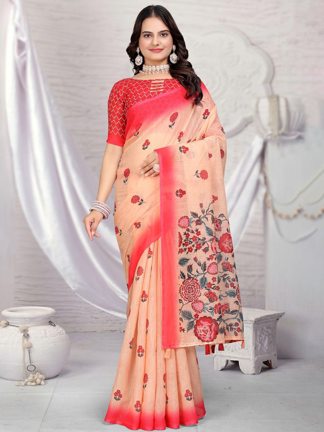 

Fashion FRICKS Floral Digital Printed Saree, Peach