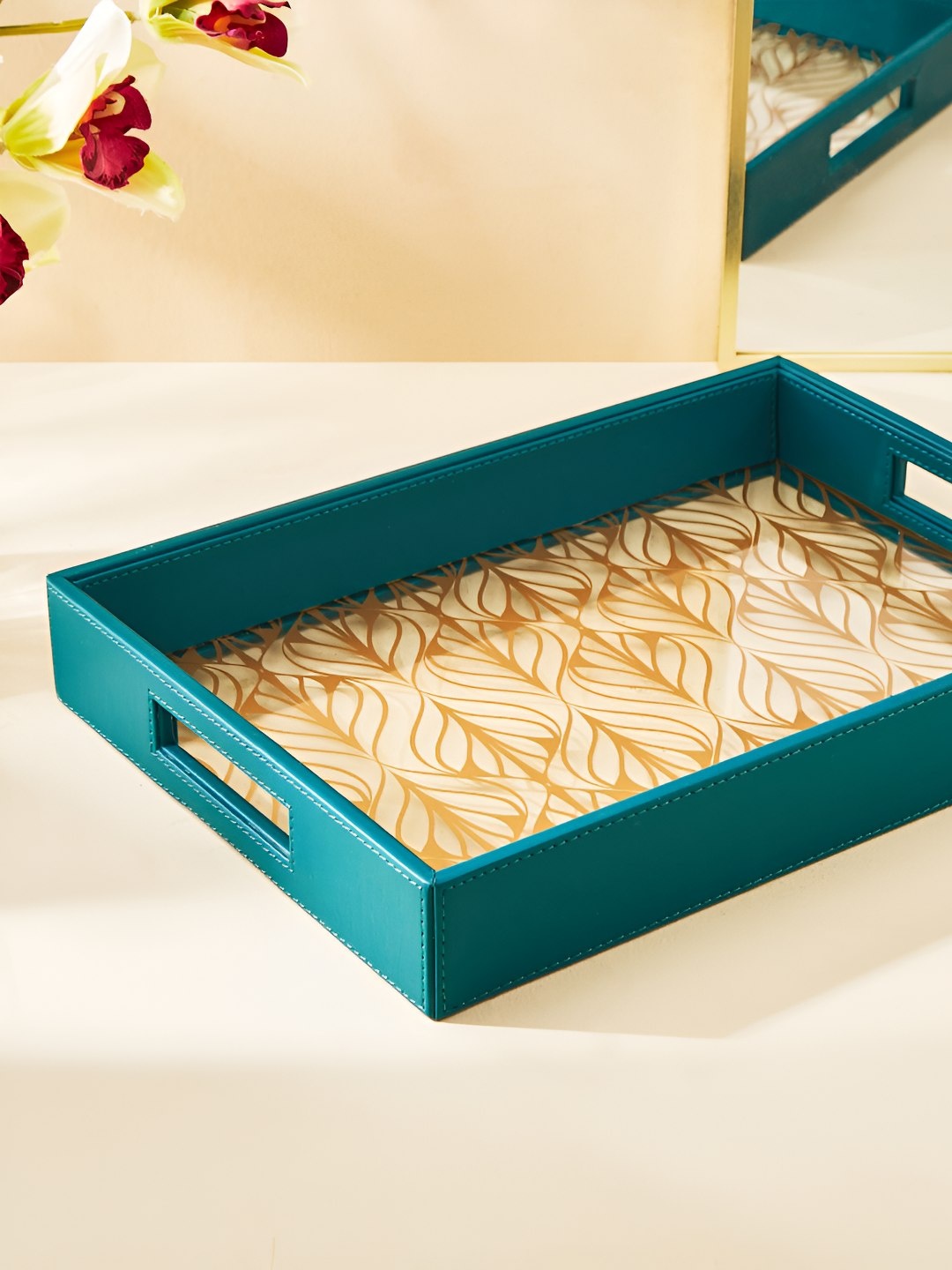 

Home Centre Teal Blue & Beige Rectangle Serving Tray