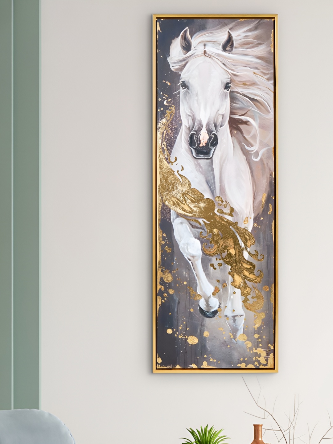 

Home Centre Gold Toned & White Running Horses Framed Painting Wall Art