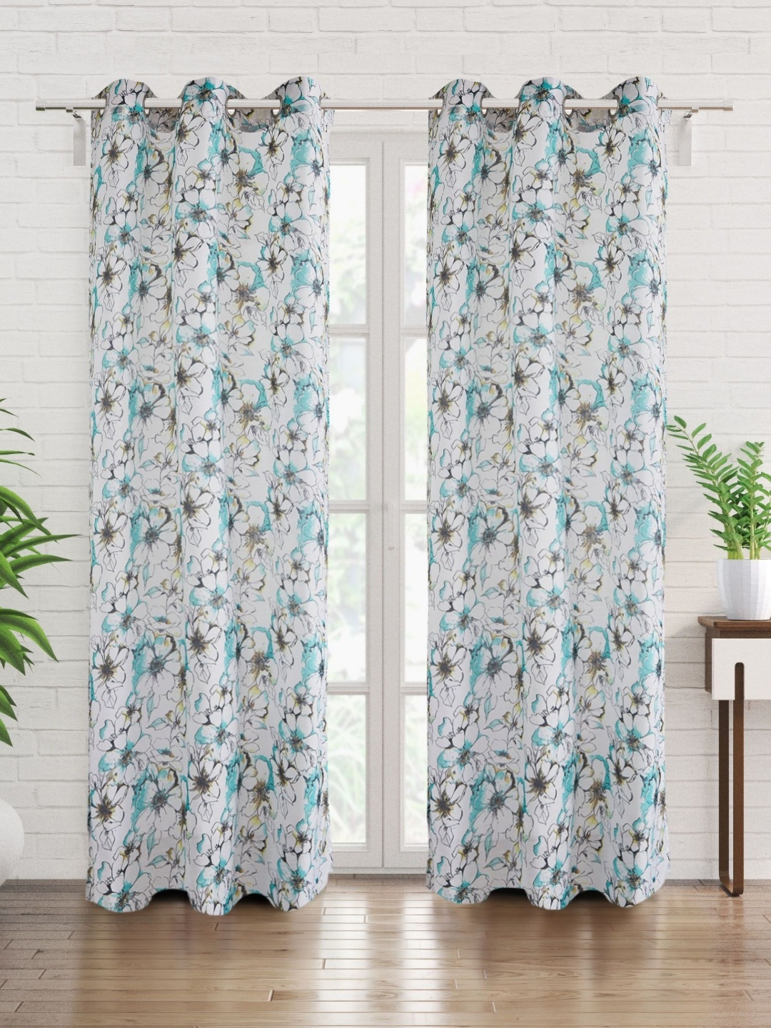 

Home Centre White & Blue 2 Pieces Floral Printed Sheer Door Curtain