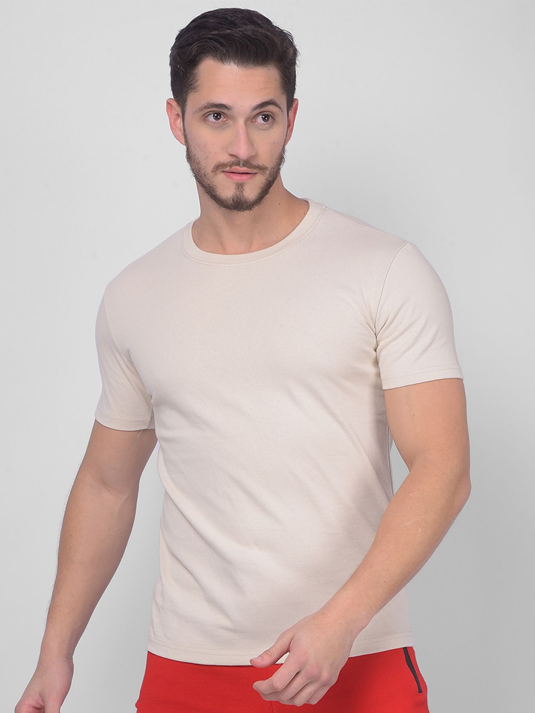 

Zeal Men Solid Pure Cotton Round Neck T-shirt, Beige