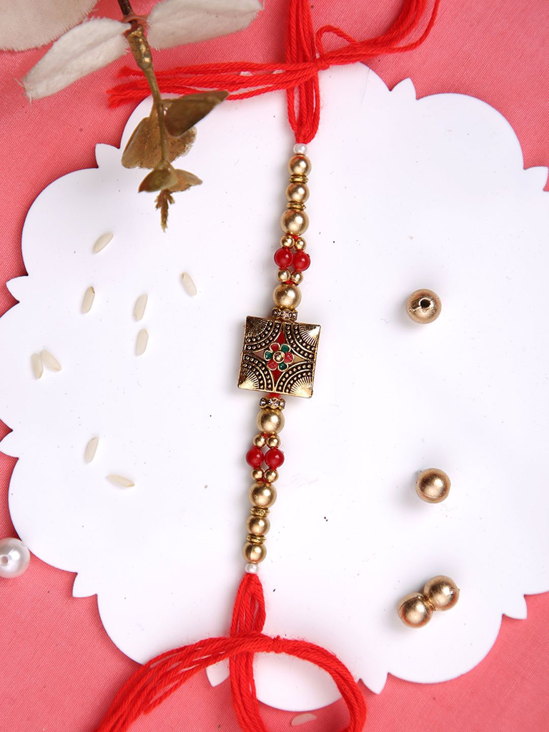 

Aapno Rajasthan Floral Beaded Rakhi With Roli Chawal & Greetings Card, Gold
