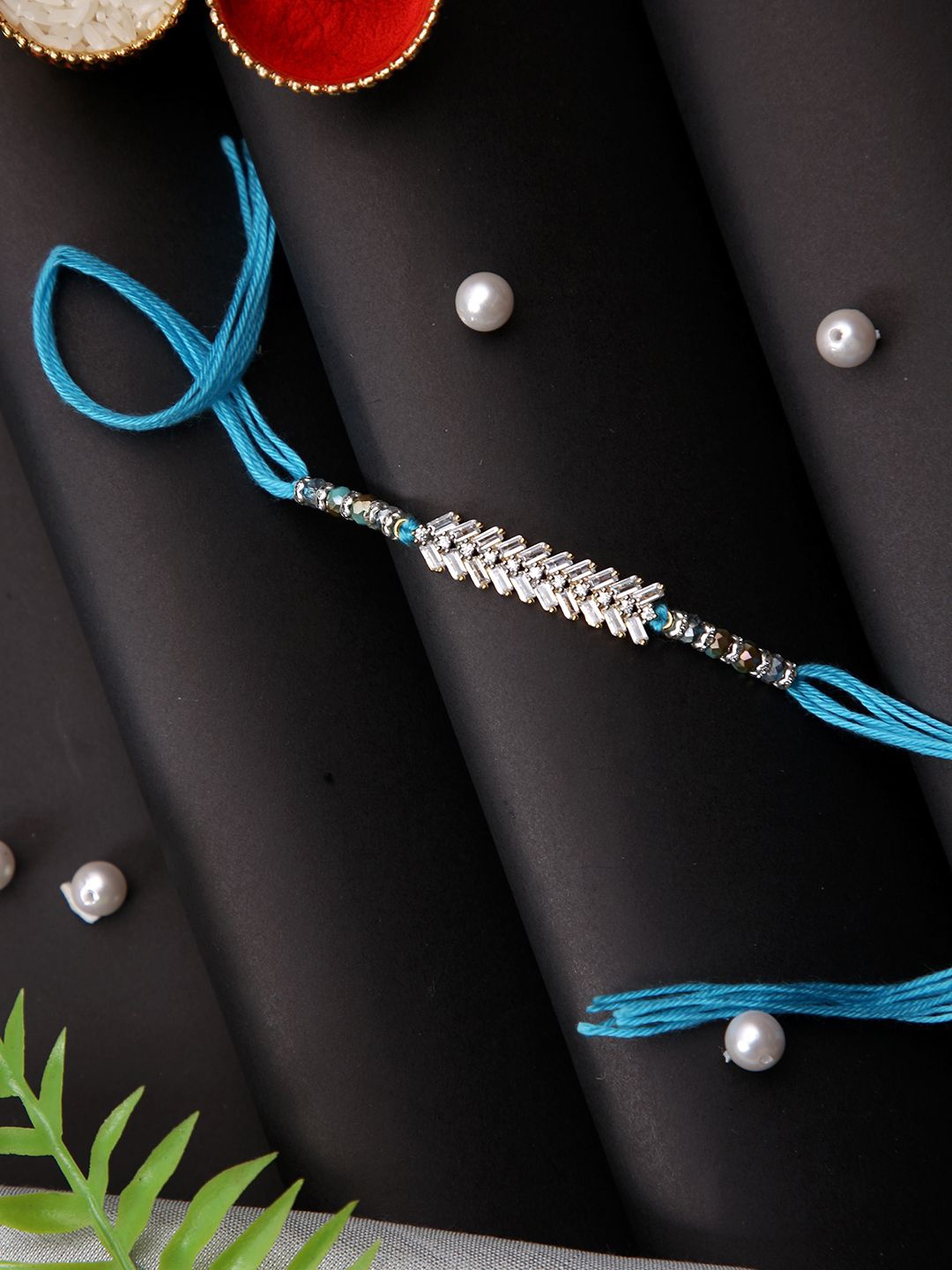 

Aapno Rajasthan Stone Studded Multistrand Rakhi With Roli Chawal & Greetings Card, Silver