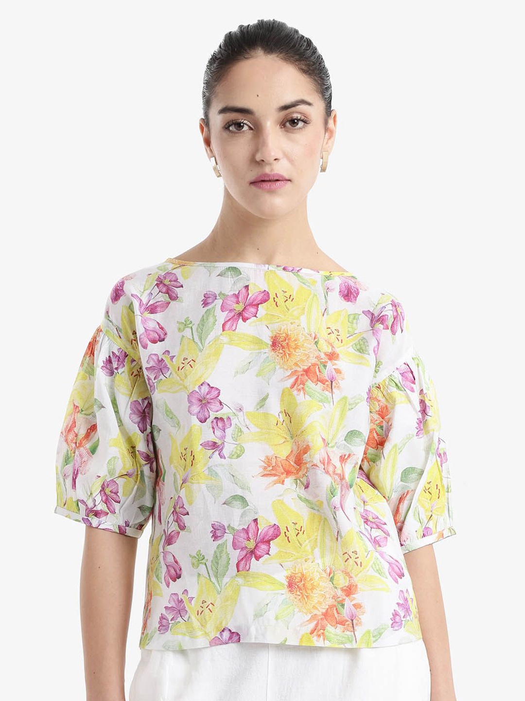 

RAREISM Floral Print Puff Sleeve Styled Back Top, Multi