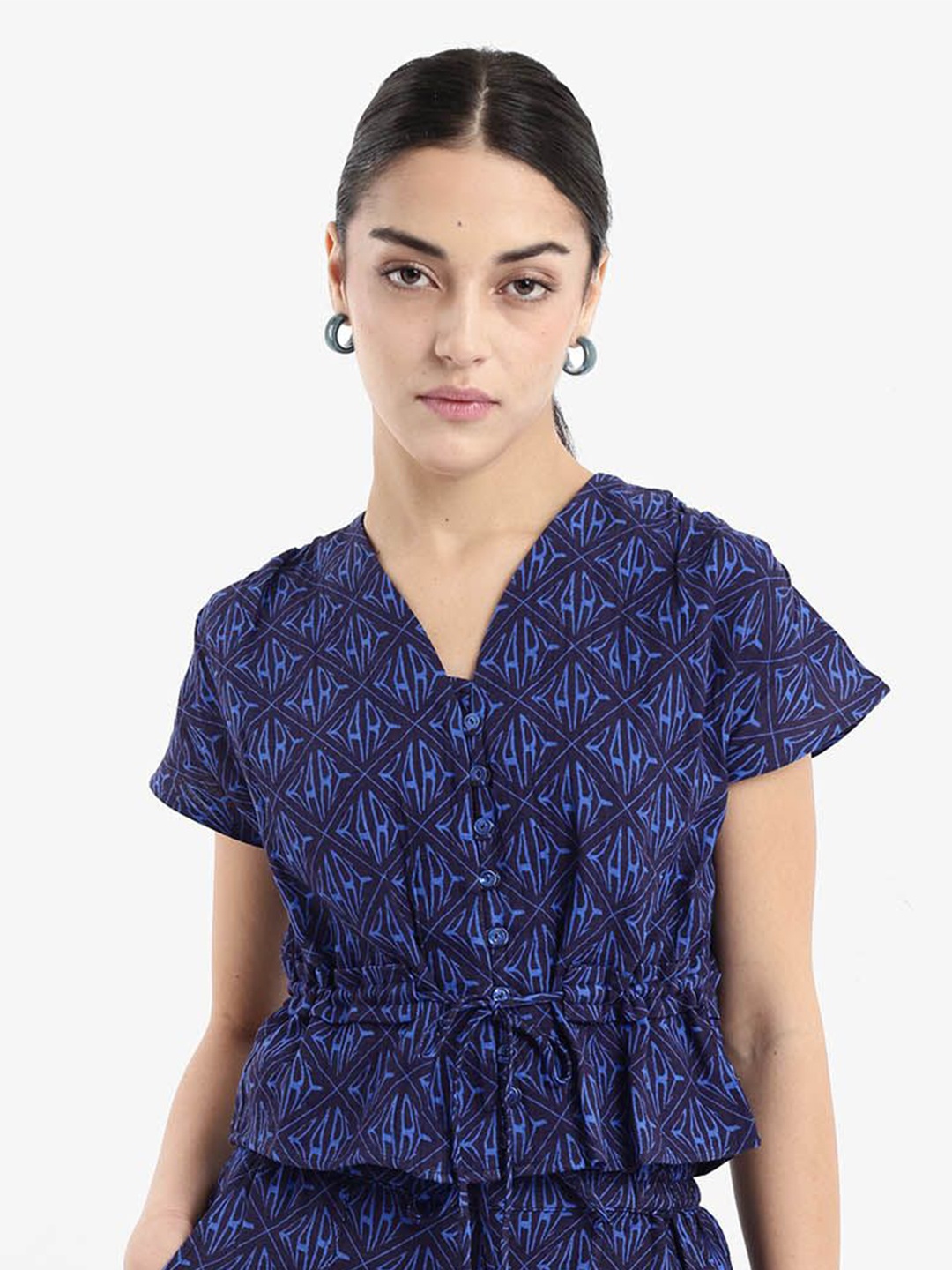 

RAREISM Floral Print Cotton Styled Back Top, Blue