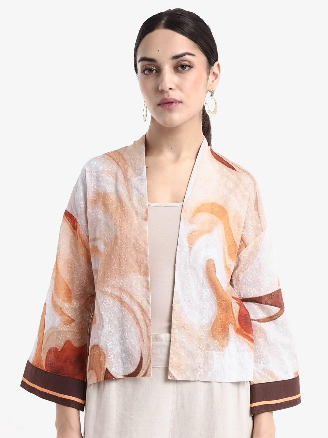 

RAREISM Women Print Flared Sleeve Cotton Blouson Shrug, Brown
