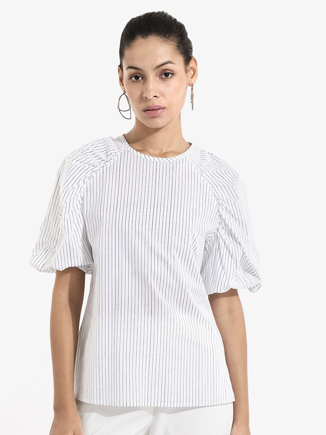 

RAREISM Women Striped Bell Sleeve Cotton Top, White