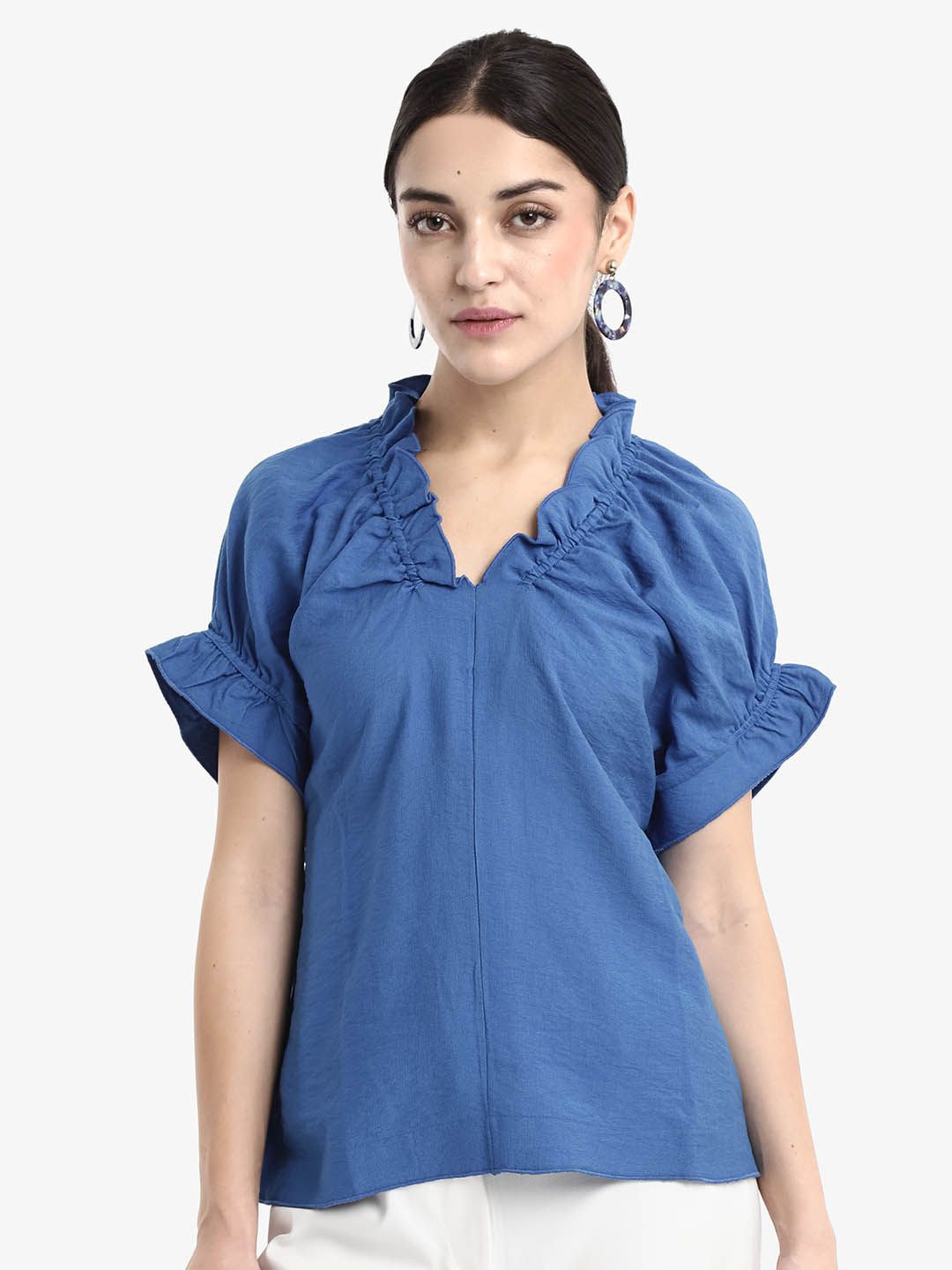 

RAREISM Solid V-Neck Top, Blue