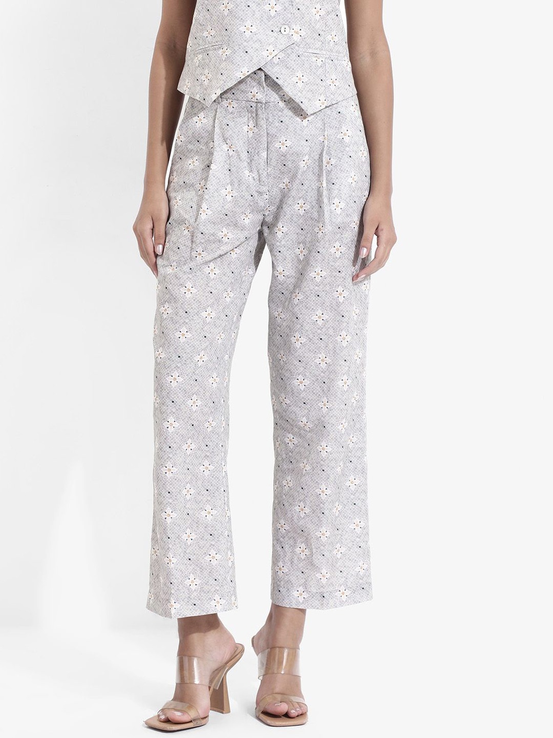 

RAREISM Women Textured Straight Fit High-Rise Trousers, Grey