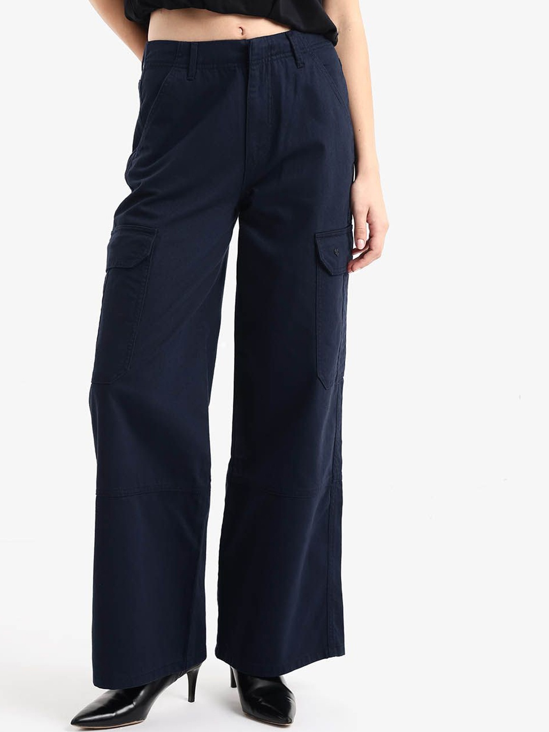 

RAREISM Women Loose Fit High-Rise Cargos Trousers, Navy blue