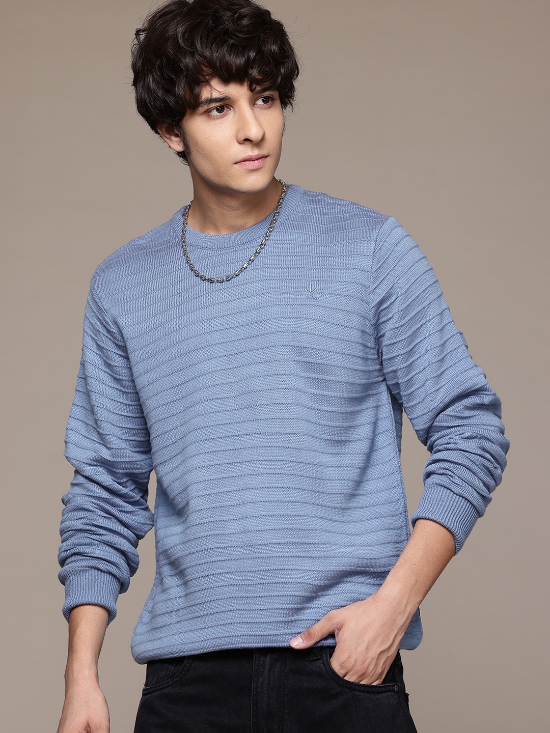

The Roadster Life Co. Self-Design Striped Pullover Sweater, Blue