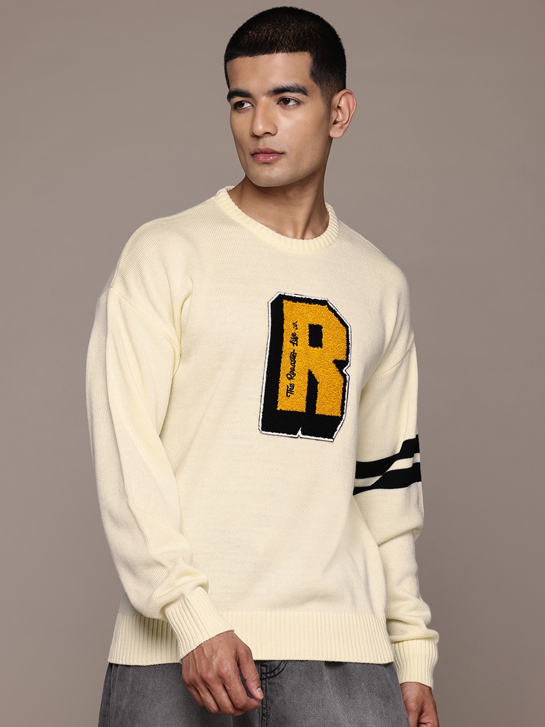 

The Roadster Lifestyle Co. Brand Logo Print Longline Acrylic Pullover, Beige