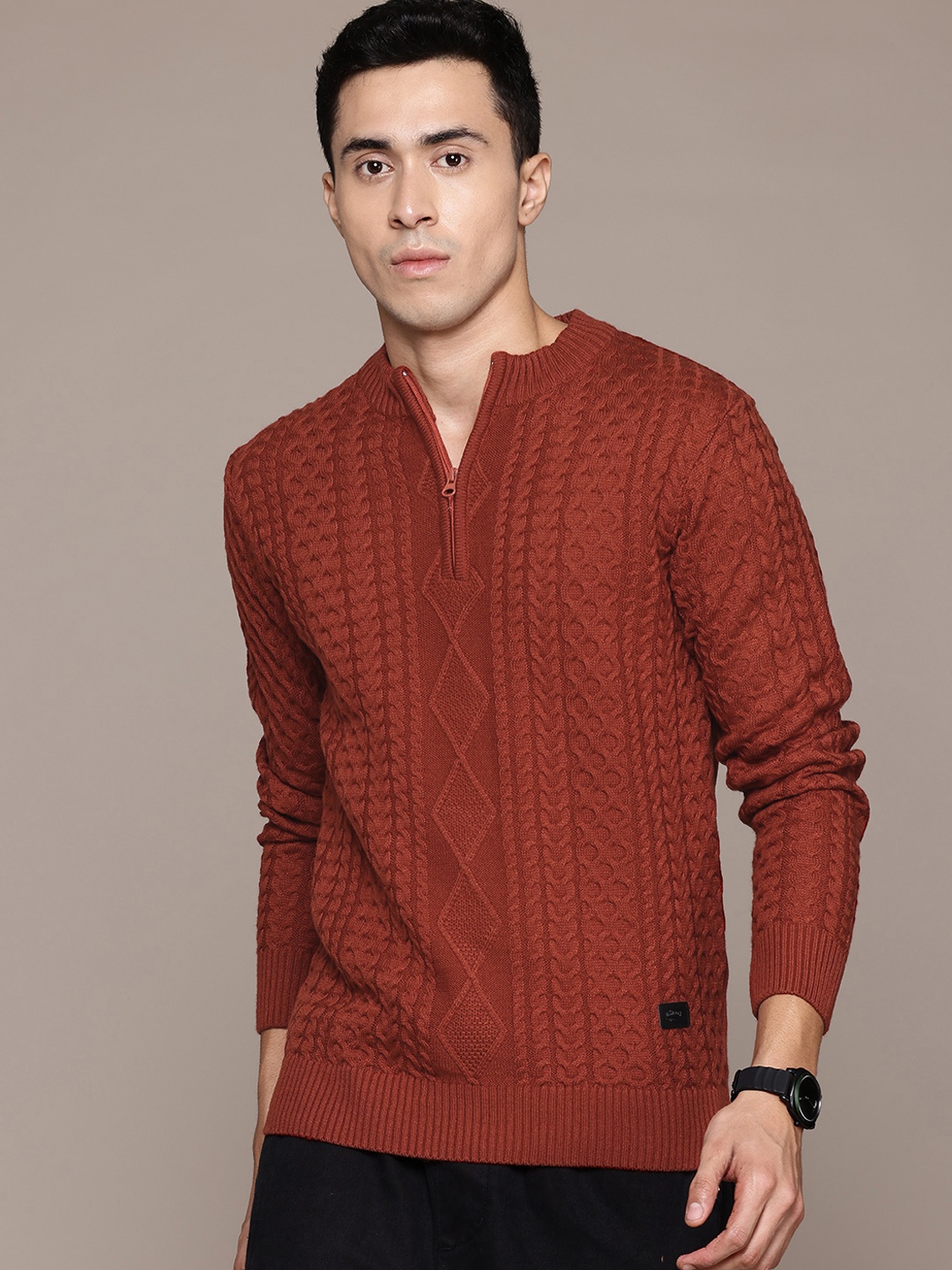 

The Roadster Lifestyle Co. Cable Knit Designed Longline Acrylic Pullover, Rust