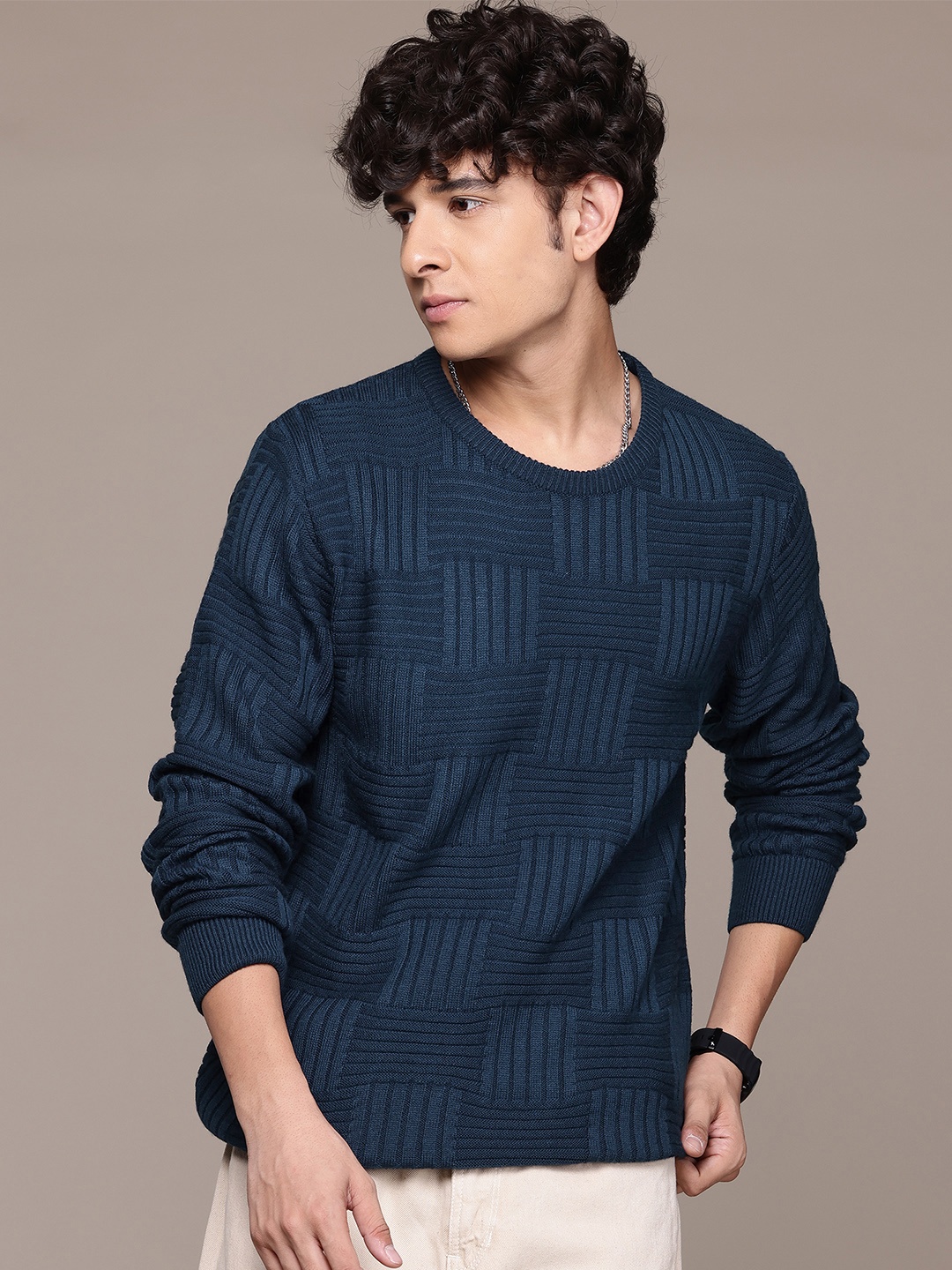 

The Roadster Lifestyle Co. Self Design Geometric Sweater, Navy blue
