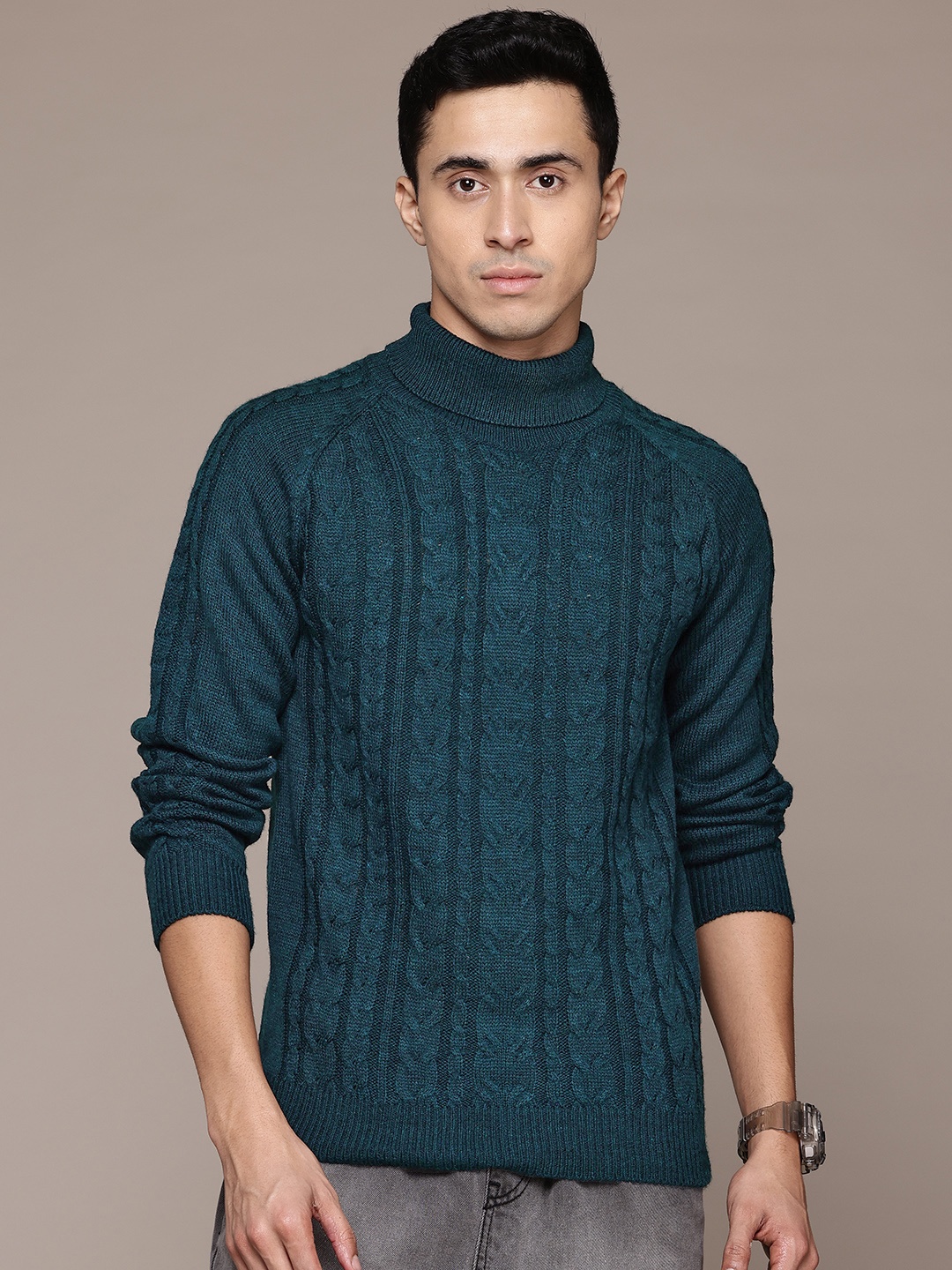 

The Roadster Lifestyle Co. Men Cable Knit Acrylic Pullover, Teal