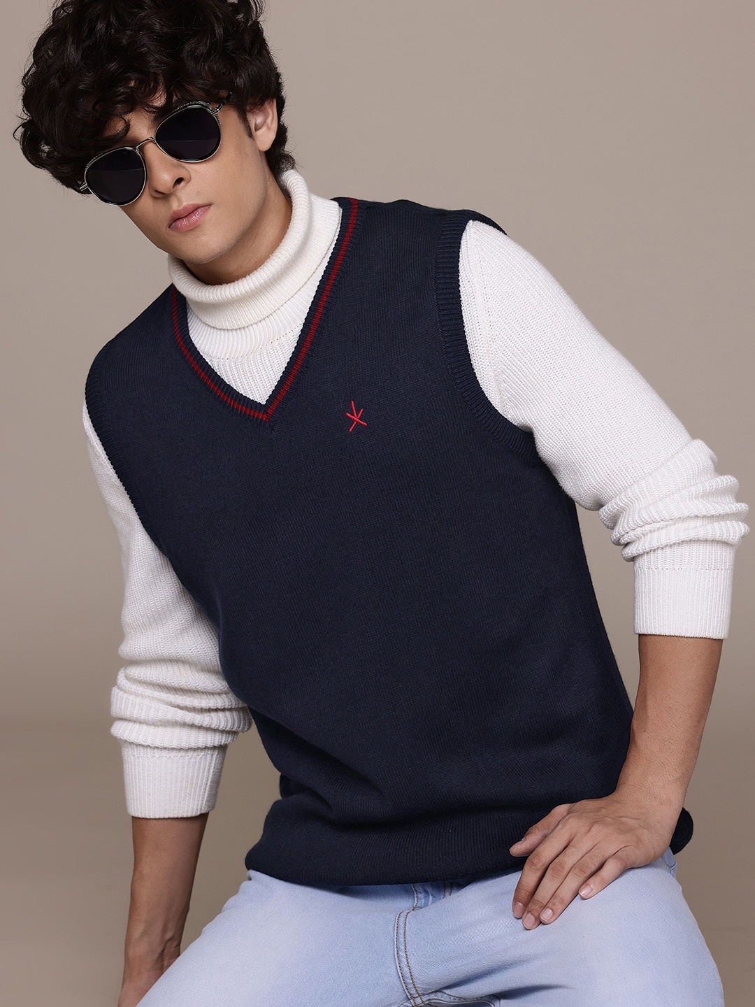 

The Roadster Lifestyle Co. Ribbed Longline Pure Acrylic Sweater Vest, Navy blue