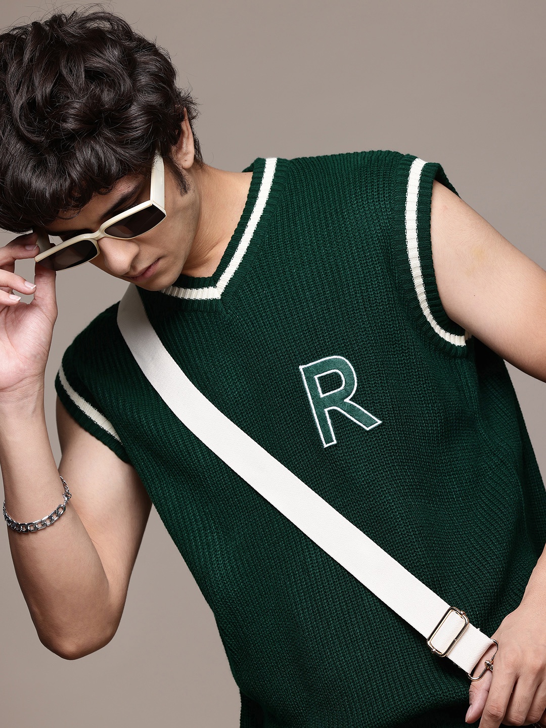 

The Roadster Lifestyle Co. Ribbed Acrylic Sweater Vest with Applique Detail, Green