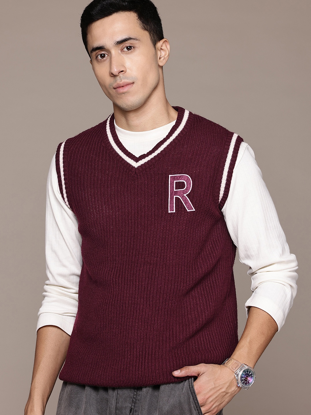 

The Roadster Lifestyle Co. Men Ribbed Acrylic Sweater Vest, Burgundy