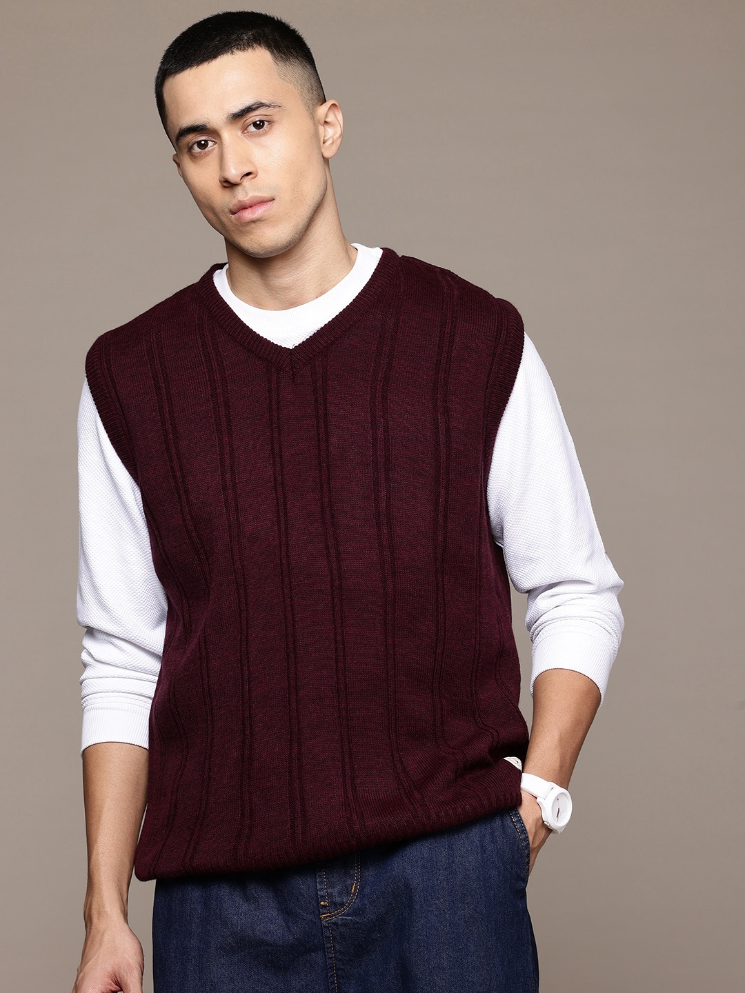 

The Roadster Lifestyle Co. Self-Striped V-Neck Acrylic Sweater Vest, Burgundy