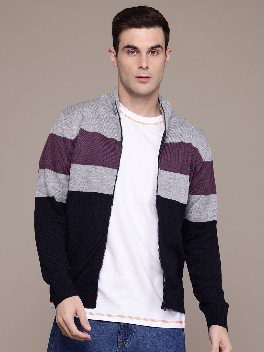 

The Roadster Lifestyle Co. Mock Neck Striped Front-Open Sweater, Grey