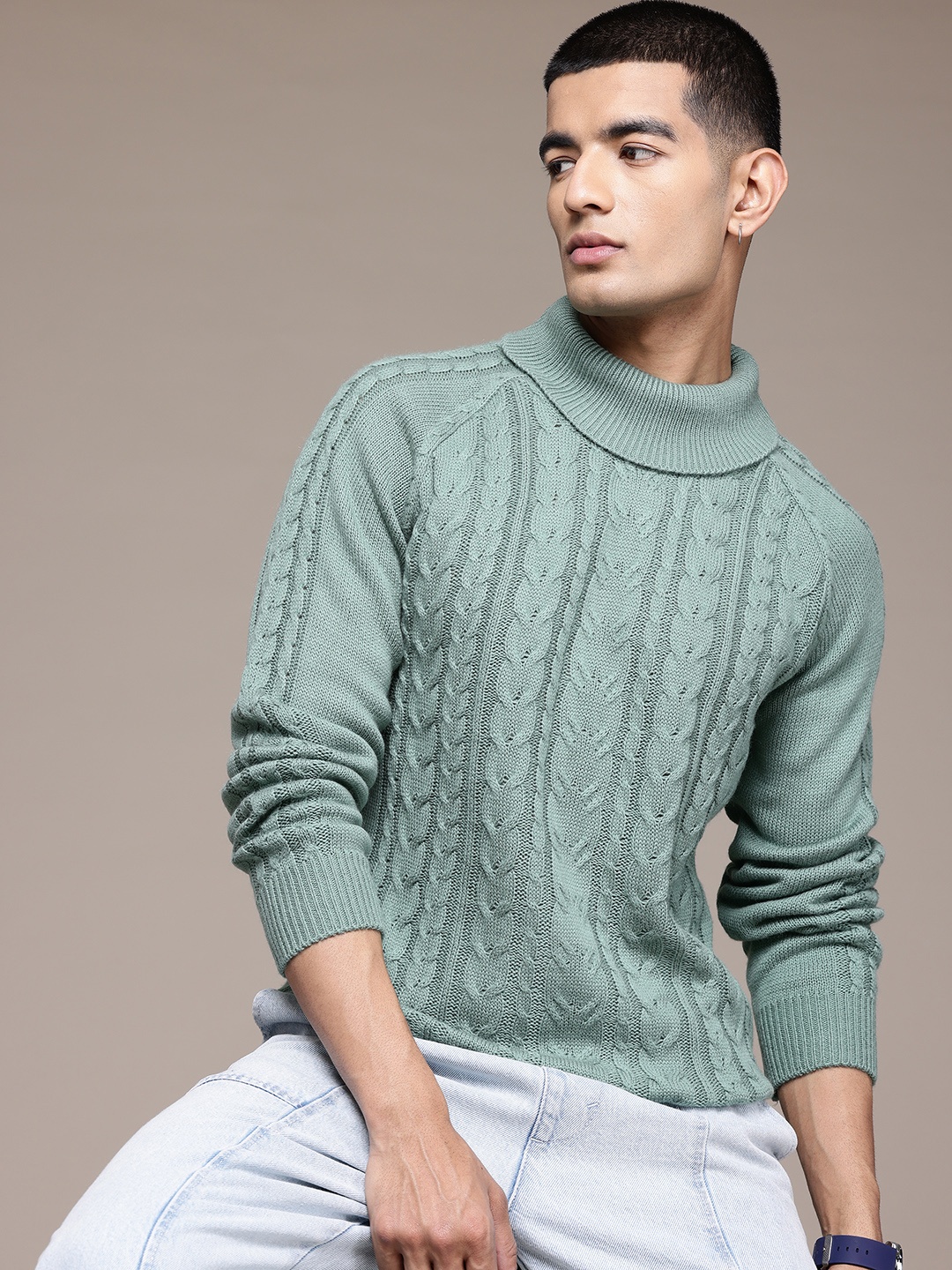 

The Roadster Lifestyle Co. Men Cable Knit Acrylic Pullover, Green