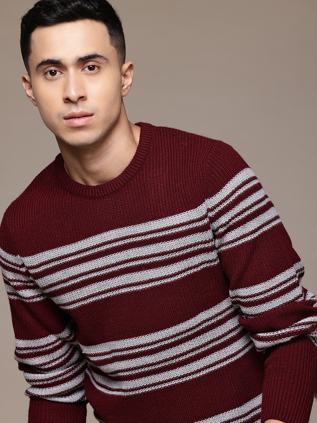 

The Roadster Lifestyle Co. Men Striped Acrylic Pullover, Burgundy