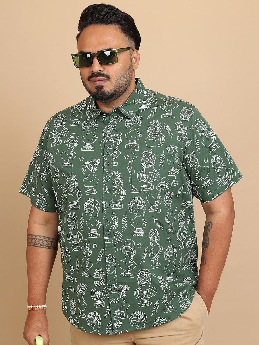 

HIGHLANDER Men Plus Size Conversational Printed Casual Shirt, Green