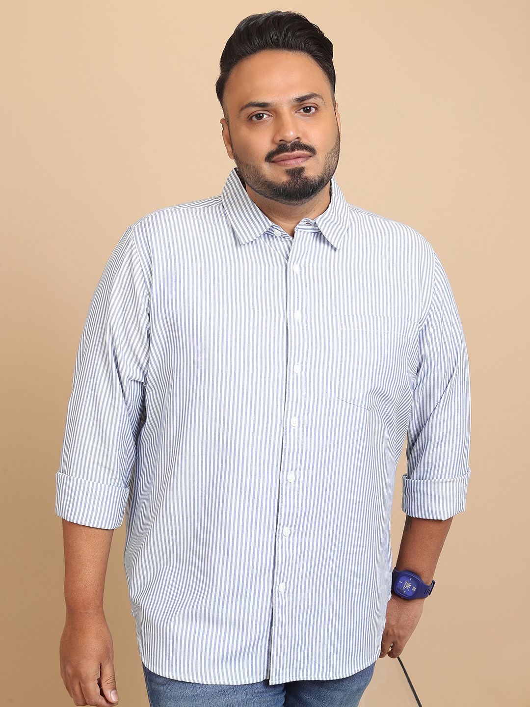 

HIGHLANDER Men Vertical Striped Spread Collar Plus Size Casual Shirt, White