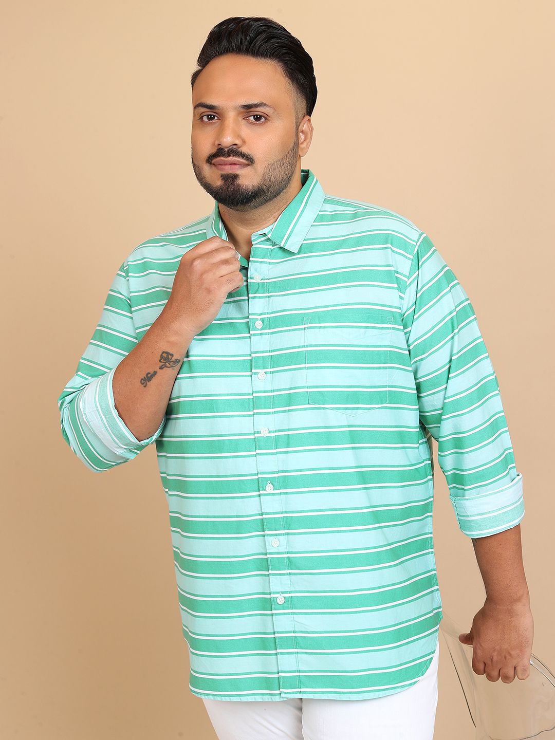 

HIGHLANDER Men Horizontal Striped Spread Collar Plus Size Casual Shirt, Green