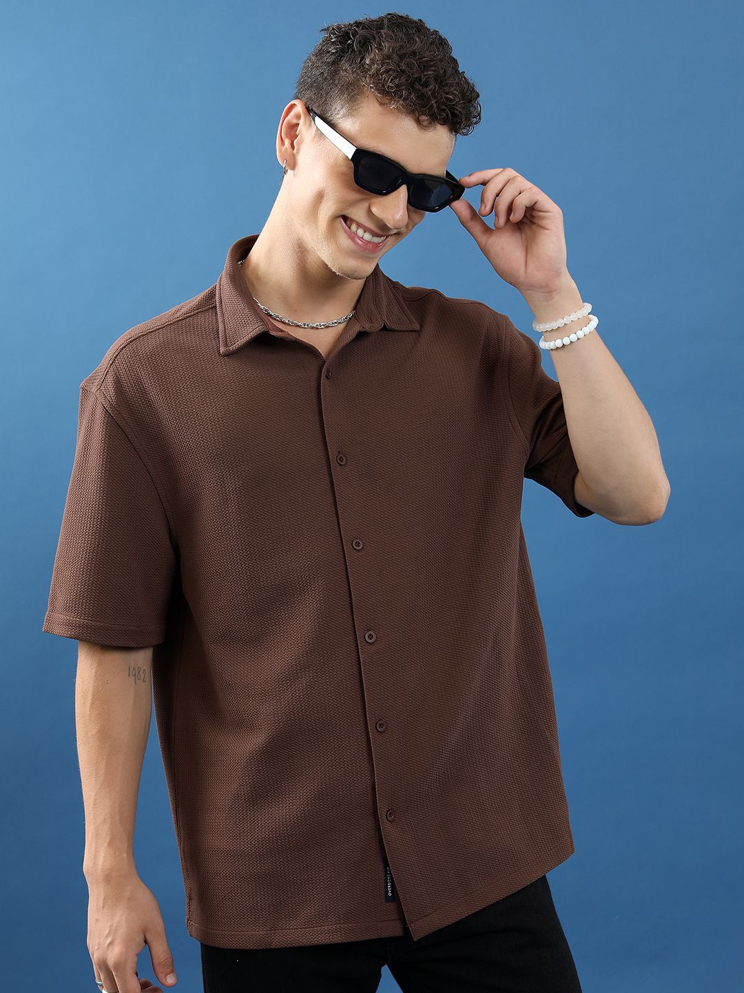 

HIGHLANDER Men Textured Oversized Shirt, Brown