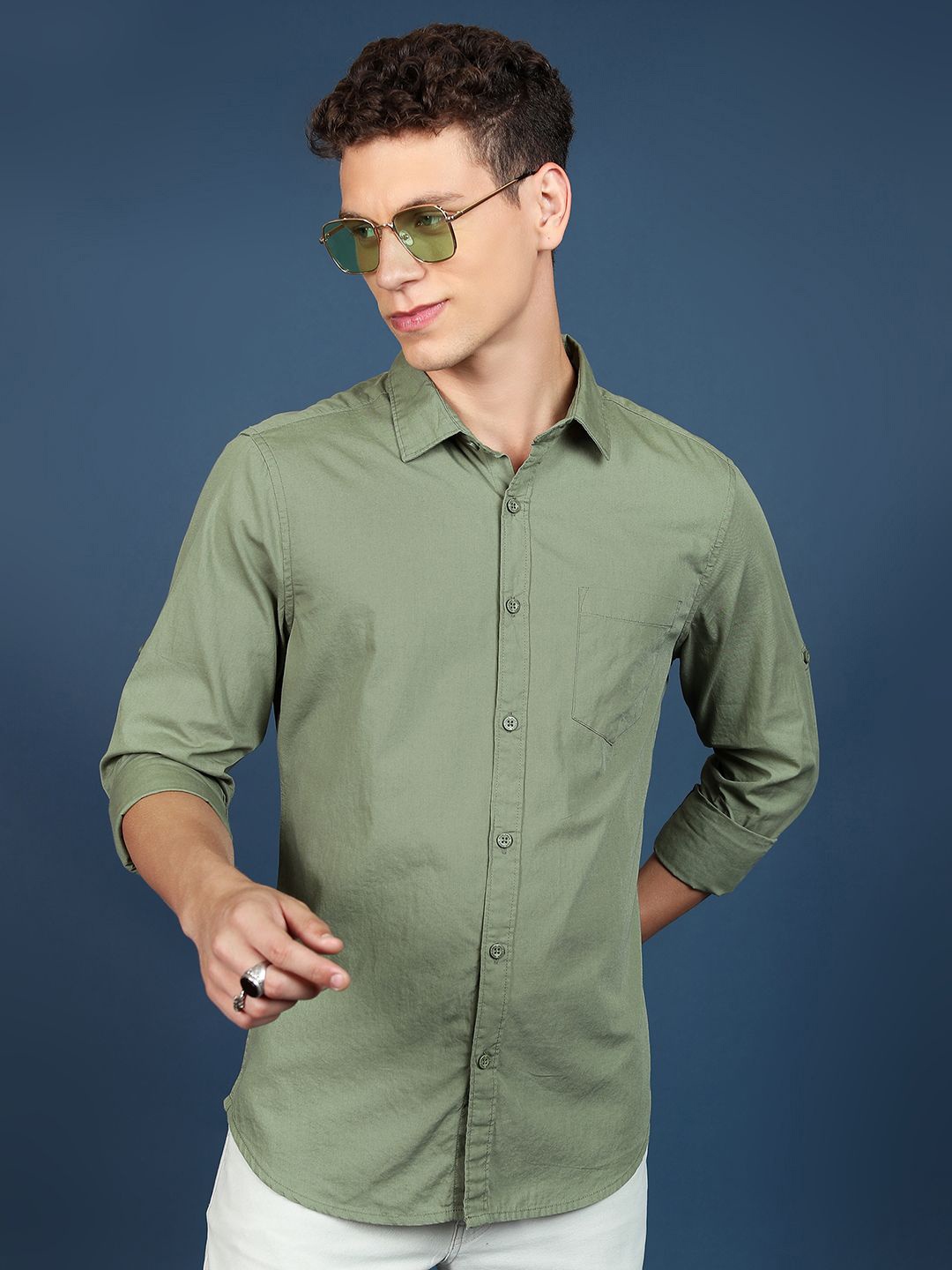 

HIGHLANDER Men Slim Fit Casual Shirt, Olive