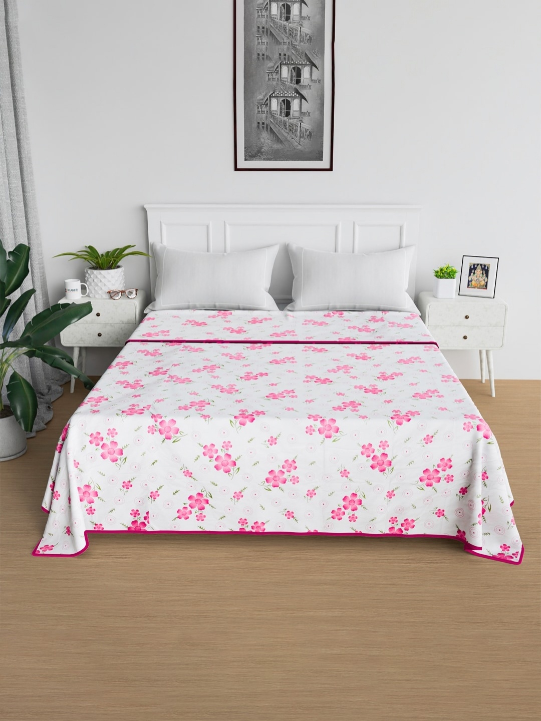 

Kuber Industries White & Pink Floral Cotton AC Room 150 GSM Double Bed Blanket