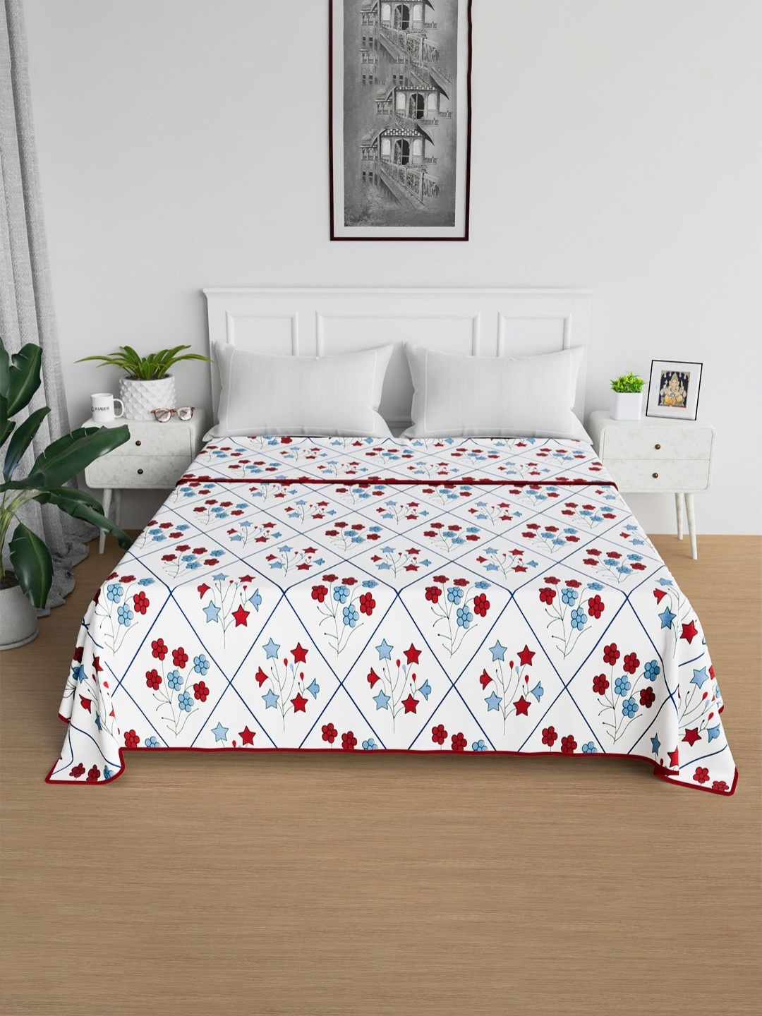 

Kuber Industries White & Blue Floral Cotton AC Room 150 GSM Double Bed Blanket