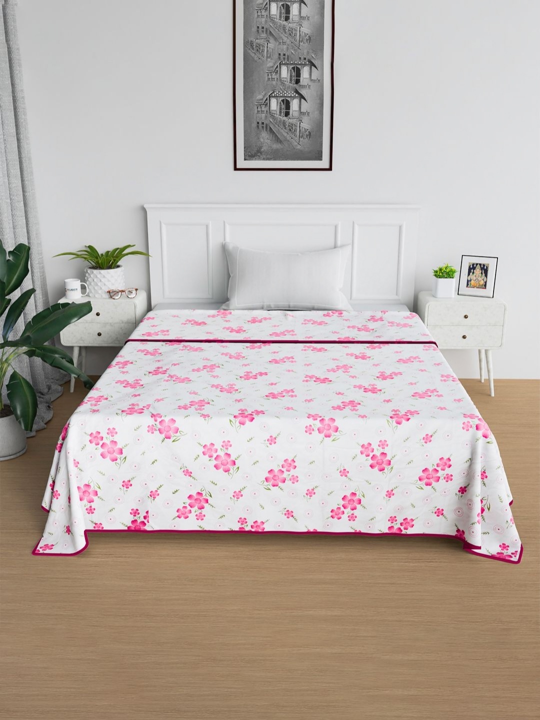 

Kuber Industries White & Pink Floral Cotton AC Room 150 GSM Single Bed Blanket