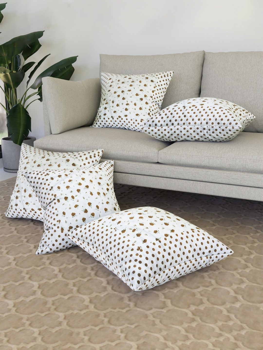 

Kuber Industries White & Brown 5Pieces Floral Cotton Square Cushion Covers