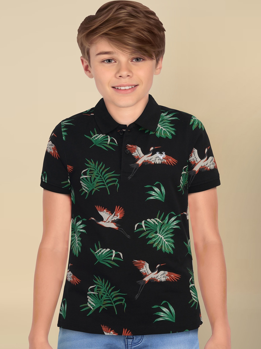 

Allen Solly Junior Boys Tropical Printed Polo Collar Cotton T-shirt, Black