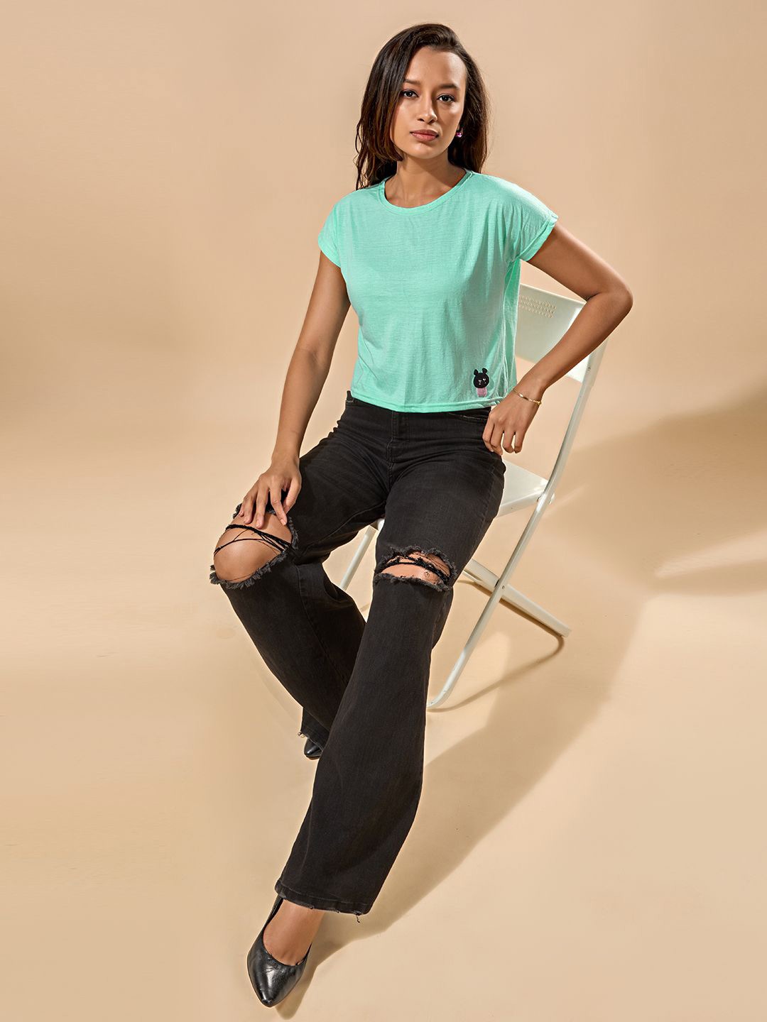 

STHULAS Women Solid Round Neck Pure Cotton Crop T-shirt, Sea green