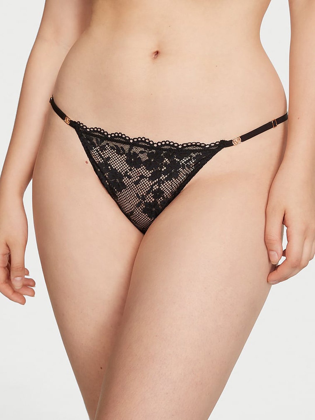 

Victoria's Secret Laced Low-Rise Thong Briefs - 1122205354A2, Black