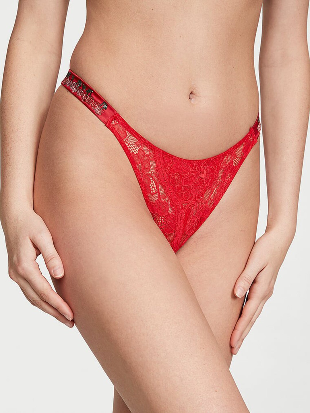 

Victoria's Secret Crotchless Shine Strap Lace Seamless Low-Rise Bikini Briefs 1121607569B, Red