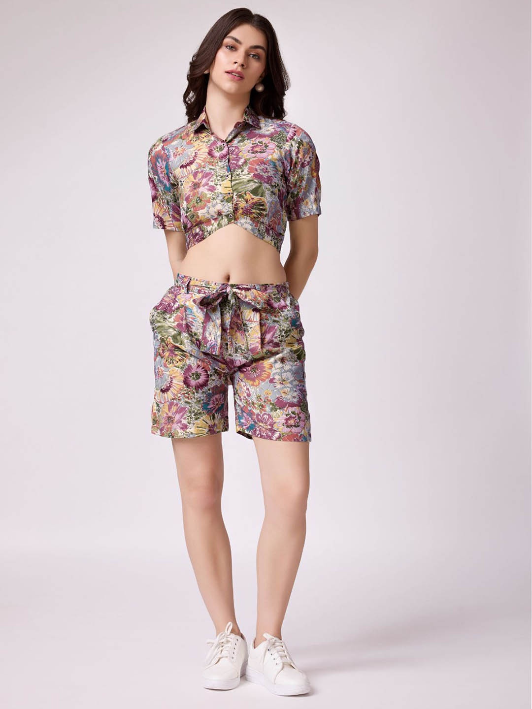 ODETTE Printed Shirt & Shorts Co-Ords, Purple